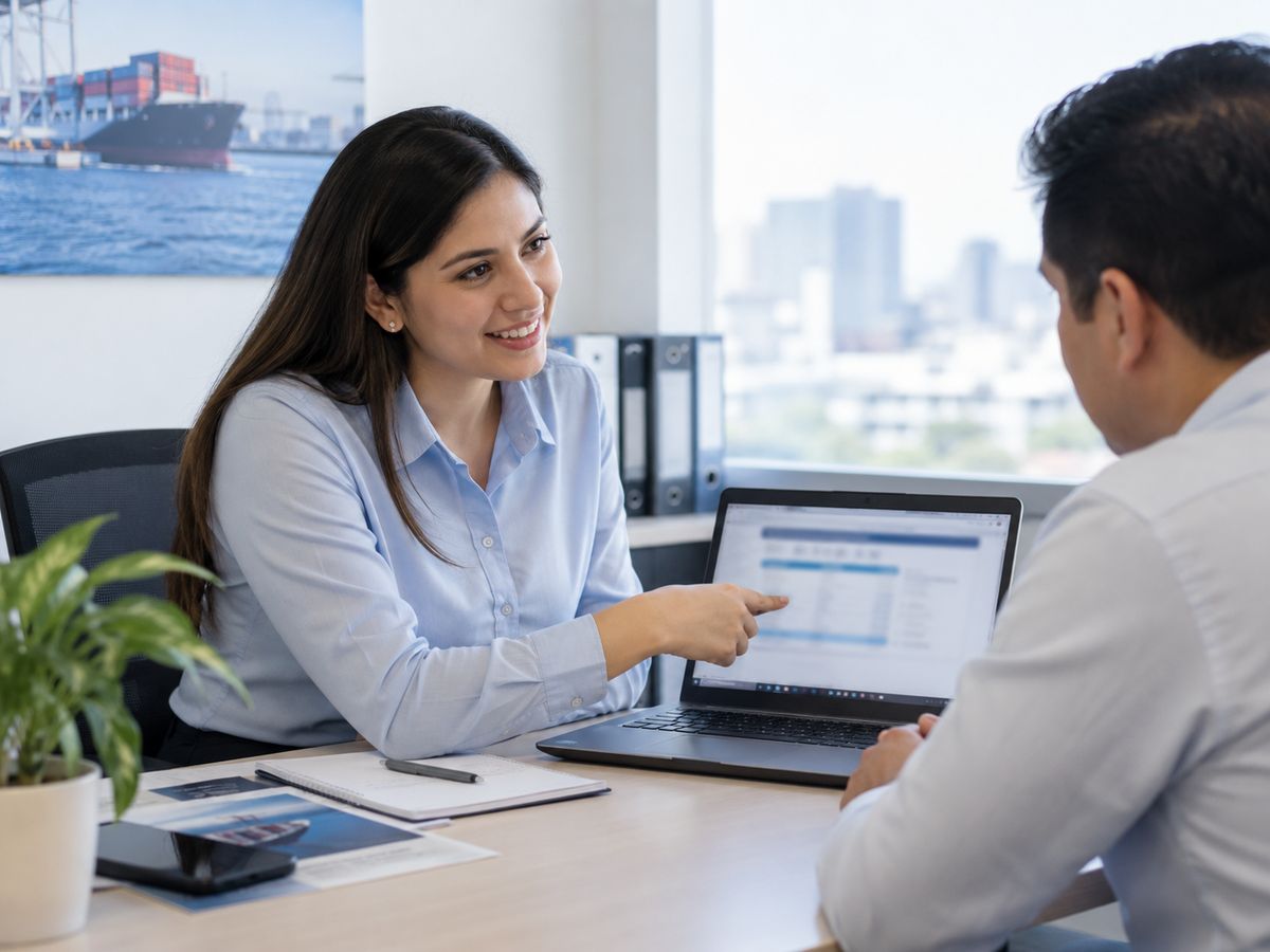 Asesora cotizando con un cliente en la oficina